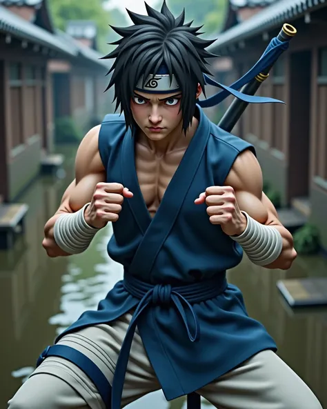 Sasuke Uchiha from original Naruto series, Photo-realistic, live action version of character, 8K, Black hair, Ninja headband, sulky face, fighting stance, real life rendition, blue costume, white wrist bands, white shorts, Sasuke Uchiha face