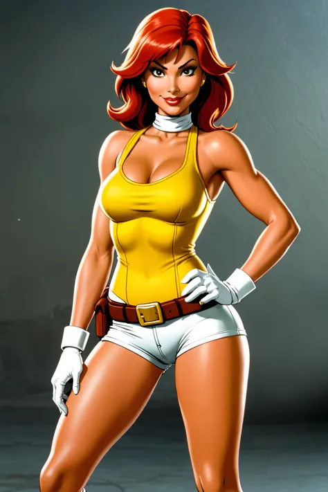 April O'Neal from the 1987 animated series age Mutant Ninja Turtles looks like short red hair,  big breasts. Usually, the heroine could be found wearing a characteristic yellow jumpsuit with a white belt, watches and white high-heeled boots.