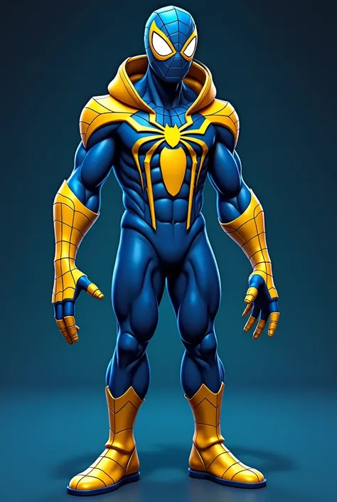 Create a Spider-Man costume with PS video game aesthetics with this feature: 

Yellow webs on the arm 
Blue fingers 
Yellow sole of the foot blue breast 
Great golden and yellow spider 
Unifor bluish black