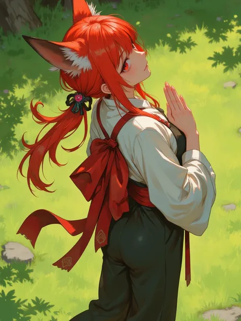  Red-haired Woman.  Fox Ears . anime. Fantasy.  traditional Japanese clothing.  large red ribbon on the back.  Thigh-length clothing .  red eyes. In yoga pose : Vrikshasana ( tree pose ). standing.  Palm of the hands together .  Outdoor grass environment ....