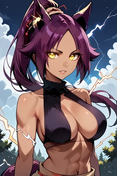 score_10_up, score_9_up, score_8_up, score_7_up, source_anime, 1girl, solo, (shihouin yoruichi), (purple hair), (yellow eyes), dark-skinned female, (big breasts), long hair, high ponytail, hair tie, animal ears, tail, (electrokinesis), (electricity), (conv...