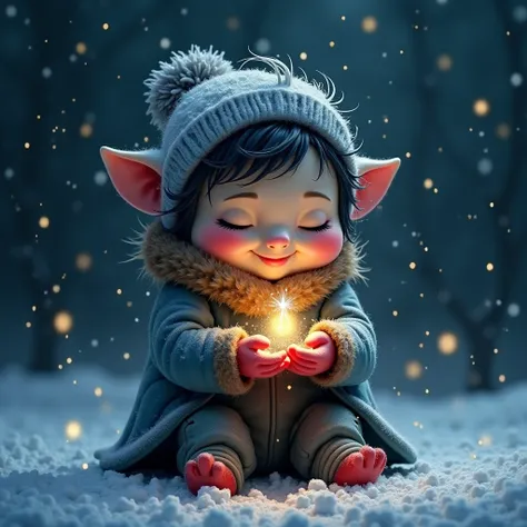 A cute adorable  with a soft smile, wet and covered in snow and frost looking at a tiny sparkling clear glass beautiful fairy in her hands with golden sparkles all around, messy hair, winter clothing, rough paint strokes, rough texture, gold, only blue, gr...