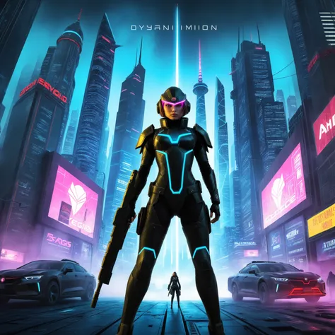 Create an immersive book cover depicting Nova, a cybernetically enhanced assassin, standing defiantly amidst a neon-lit dystopian cityscape dominated by towering skyscrapers emblazoned with the logo of Aegis Dominion. In the background, ominous shadows hin...