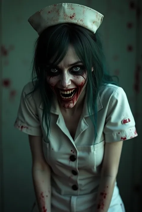  An image of a nurse in a dark and frightening style , typical of Silent Hill .  The nurse must wear a stained and torn white uniform, stained with blood and dirt. Her face is scary long fangs, and her eyes are dead ,  breaking through the twilight 