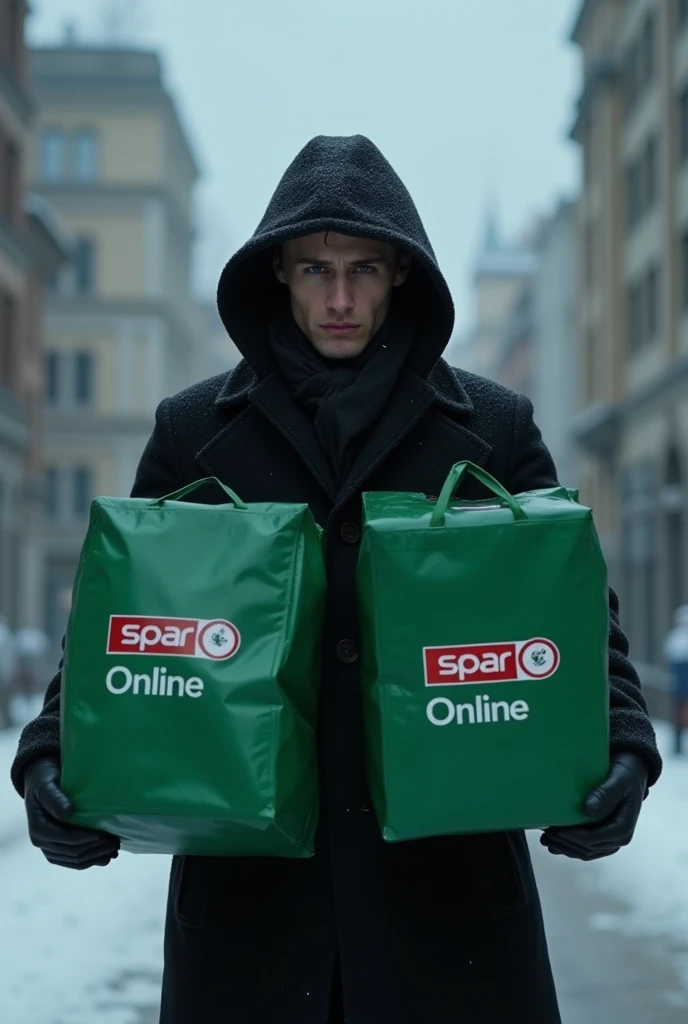 A picture of me is a sad courier wearing black winter clothes and holding two square green bag in his hand that says Spar Online 