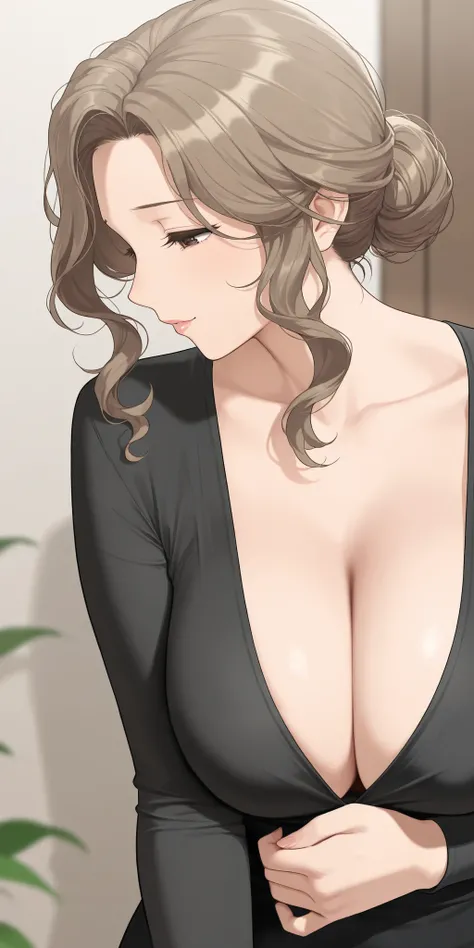 mature female, housewife, light brown hair, hair bun, slightly disheveled, slight wavy hair, long sleeve shirt, cleavage, milf, soft light, high detailed, best quality, upper body, side view.front view, black colour costume, tight breast, attractive.