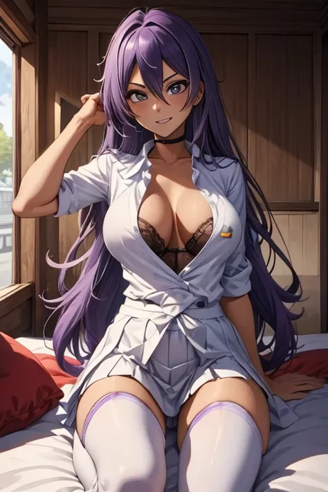  Max Image、 High Quality 、masterpiece、 anatomically correct、black hair, bangs, purple hair, purple eyes, hair between eyes, very long hair, brown eyes, long hair, breasts, large breasts、white military uniform、 place your hands behind your head 、 thigh high...