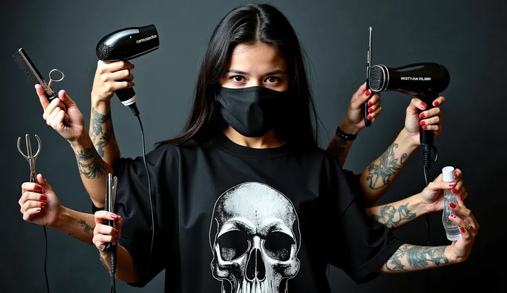 A girl wearing a black mask with a skull design, a black oversized t-shirt featuring a detailed skull graphic. She has multiple arms, each holding different items: one hand holding scissors, another holding a razor, a third hand holding a comb, a fourth ha...