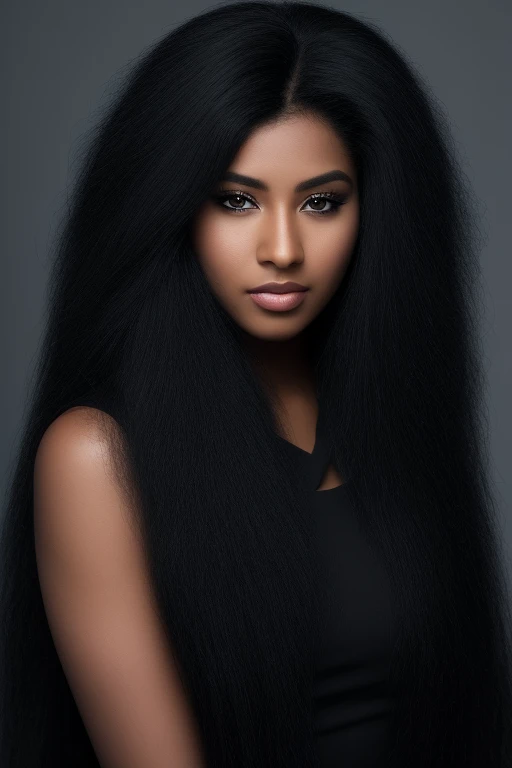     very long hair , almost completely jet black hair ,   long wolf hairstyle,    most extreme lion hair     ,Thick Hair,fluffy hair,The hair covers the entire left eye,heaviest hairstyle    , Shiny jet black hair,  1 African-American woman ,  Female jail ...