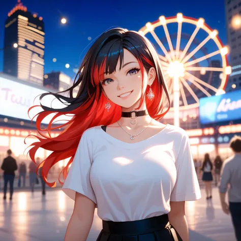 blurry, depth of field, city, blurry background, 1girl, building, skyscraper, city lights, photo background, jewelry, multicolored hair, stadium, night, black hair, solo, red hair, long hair, cityscape, street, town, earrings, necklace, lights, ferris whee...