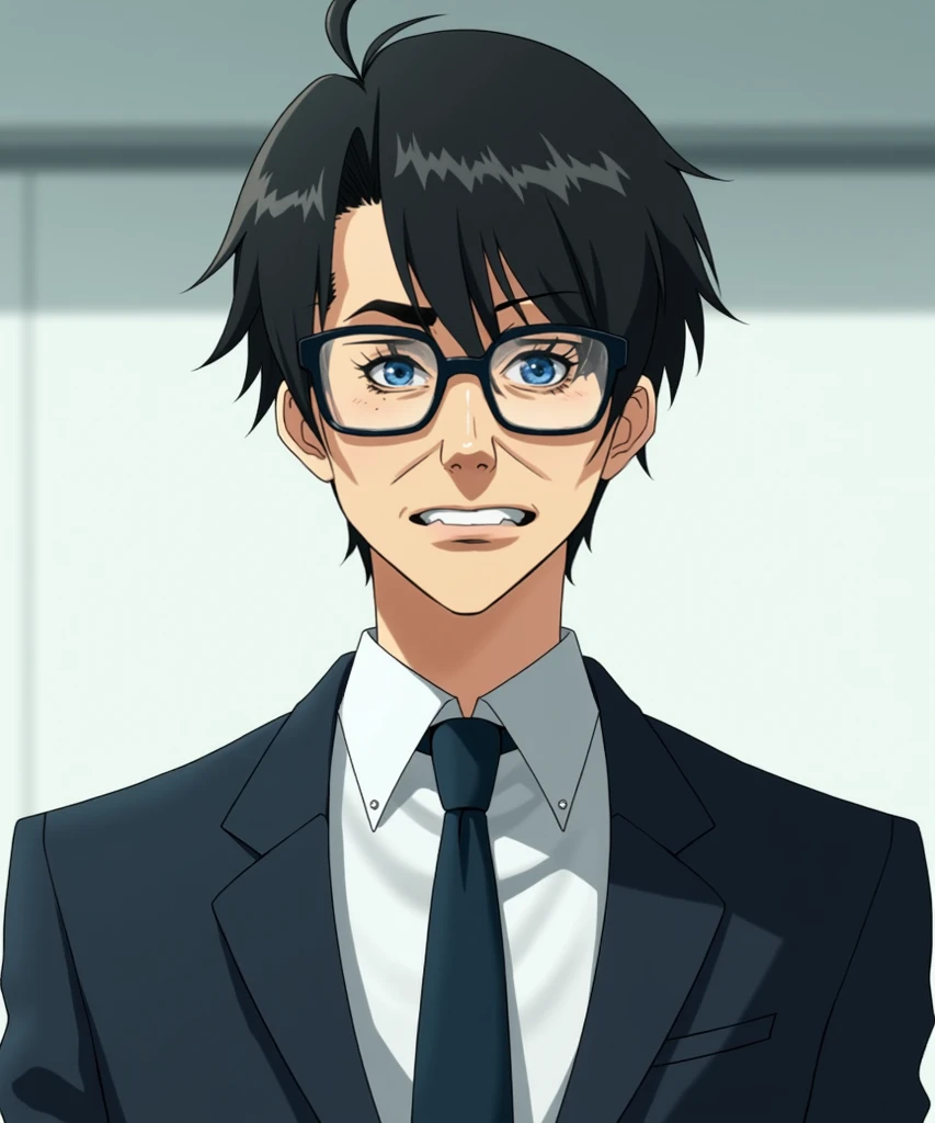 It looks like a Japanese anime, has the same hair style, is a man, wears hexagonal glasses, and is wearing office worker clothes