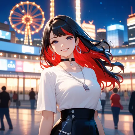 blurry, depth of field, city, blurry background, 1girl, building, skyscraper, city lights, photo background, jewelry, multicolored hair, stadium, night, black hair, solo, red hair, long hair, cityscape, street, town, earrings, necklace, lights, ferris whee...