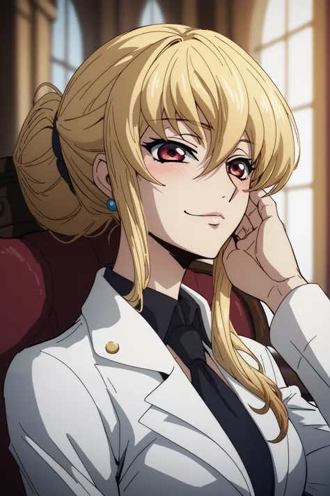 score_9, score_8_ upwards, score_7_ upwards, score_6_ upwards, score_5_ upwards,
Beautiful blonde with light yellow hair. neck ,  hair between eyes.  Light red eyes with a pinkish tint , blush, sly smile, black queen in her hand . White business suit