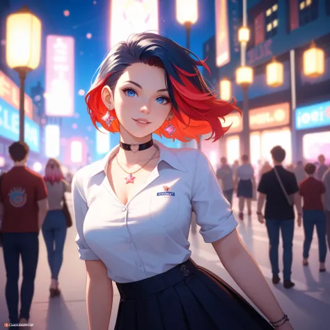 Create an image of a vibrant cityscape at night, featuring a young woman with striking two-tone hair, a blend of black and red, cascading down her shoulders. She stands solo on a bustling street, surrounded by the blurred motion of a lively crowd. The back...