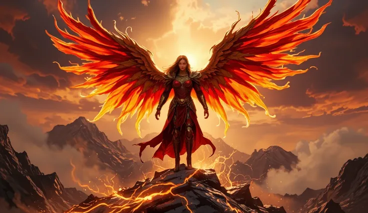 "Create a highly detailed, ultra-realistic scene of the angelic warrior woman standing alone on a mountain peak at dawn. The sky is a dramatic canvas of fiery reds, deep oranges, and golden hues, with swirling storm clouds still lingering, symbolizing the ...