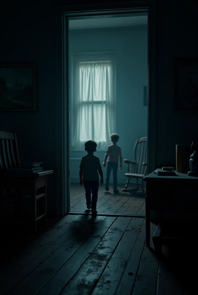 "3D animation of the ren stepping cautiously into the dark, dusty interior of the old house. The floorboards creak under their feet, and their flashlights reveal cobwebs, an old painting on the wall, a rocking chair, and scattered books on a table. A curta...