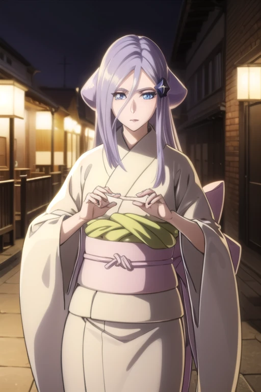 sodenoshirayuki, sode no shirayuki, long hair, blue eyes, hair ornament, purple hair, flower, hair flower, light purple hair,
BREAK japanese clothes, kimono, sash, obi,
BREAK outdoors,
BREAK looking at viewer, (cowboy shot:1.5),
BREAK (masterpiece:1.2), be...