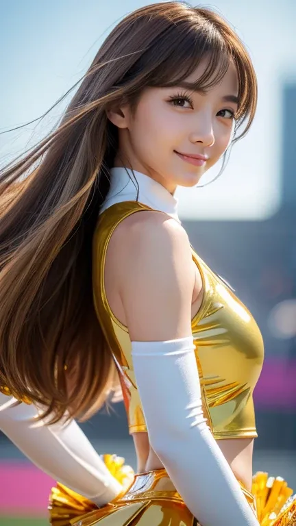 (((  TOP QUALITY、8k、 Photorealistic:1.4、​masterpiece)))、  backlight、   Attractive Women's Hairstyle Bundle Logo 、顔のディテール付き 、18 years old、((( Latex Gold Cheerleader Uniform with Face Details:1.2)))、((  stadium background:1.2))、 raise your arms、smile、   mous...