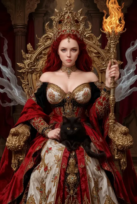 A very beautiful red-haired medieval Queen sits on a golden carved throne with a burning staff in her hand. A fluffy black cat sits on her lap. Medieval fantasy