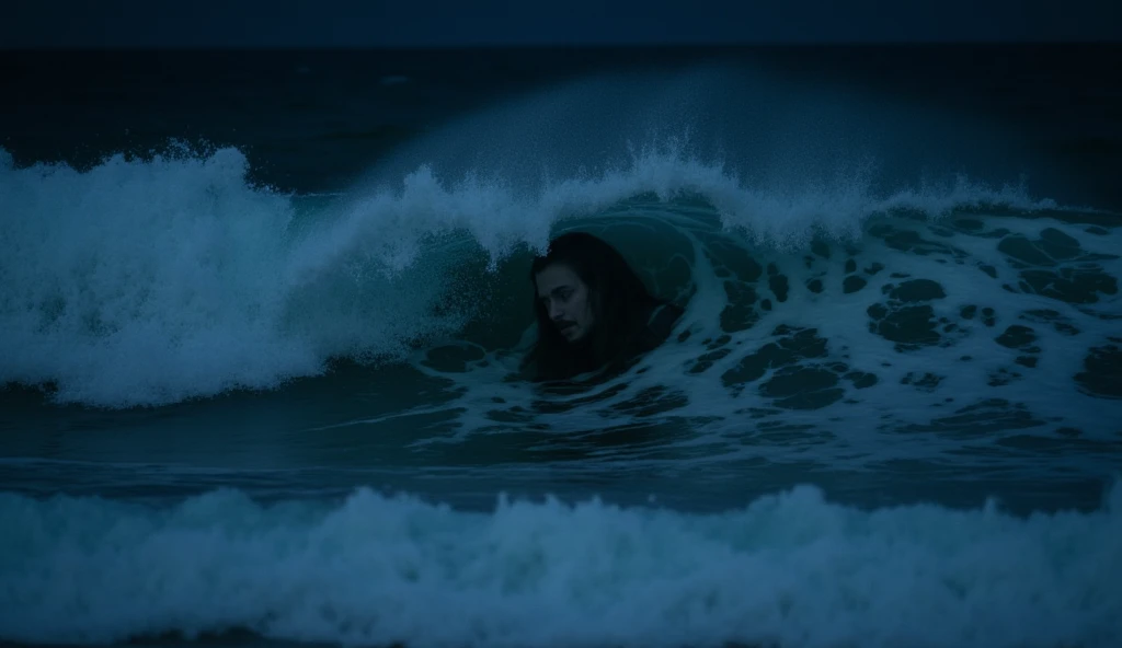 Prompt: A shot of the ocean at night, but as the waves roll in, they briefly form the face of Davy Jones before crashing into mist.

Camera Angle: Medium shot, straight-on.

Lighting: Subtle glow in the waves, mysterious ambiance.