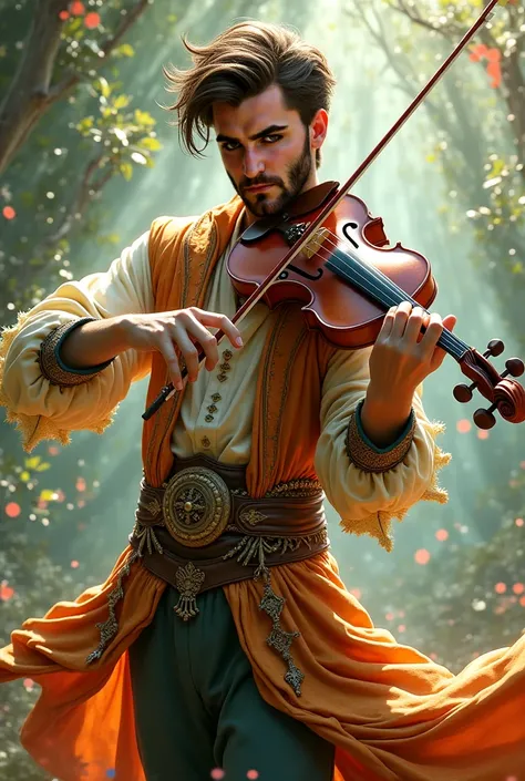 allegedly, male, bardo, green eyes, very short hair with brown beard,  Allegro , Dance and play the violin, Gypsy dress, Very handsome , Fairy Realm background