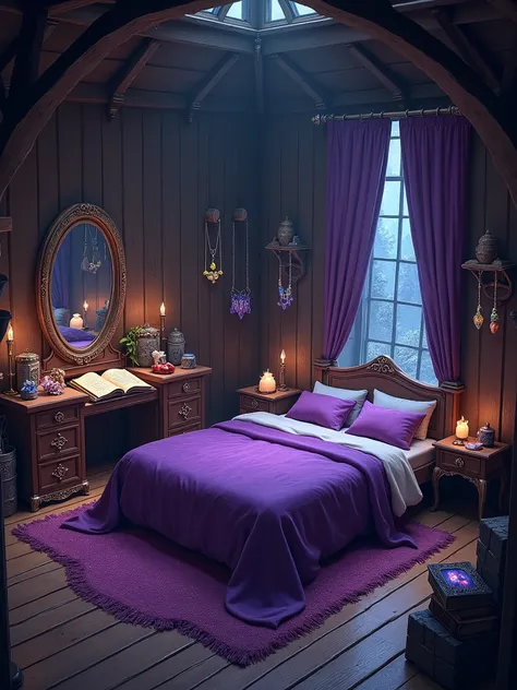 A large room with a wooden floor and dim lighting. One side is organized: it has a large, comfortable purple bed, a vanity with a mirror, gemstones on top, stone necklaces hanging, and a book with a quill and ink also on it. RPG