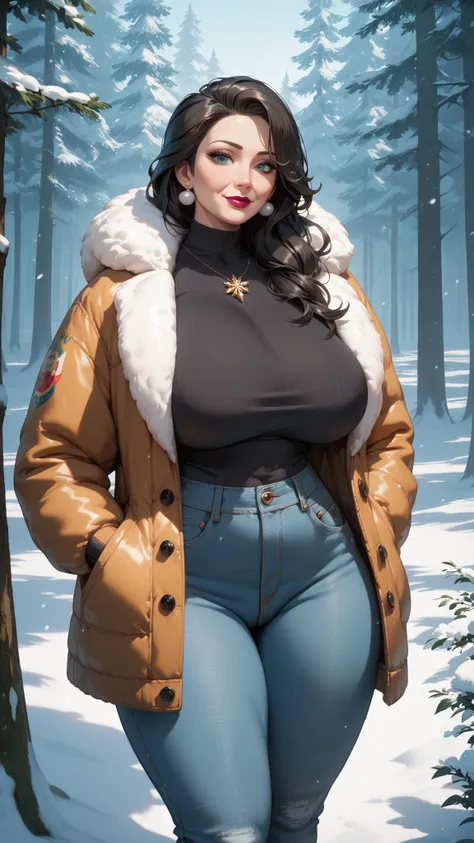 (date:20250205, By:Joulios) (((A gorgeous busty black milf))) with long hair, enormous huge gigantic round tits, dressed in a snow fur jacket, snow jeans, in a frozen forest