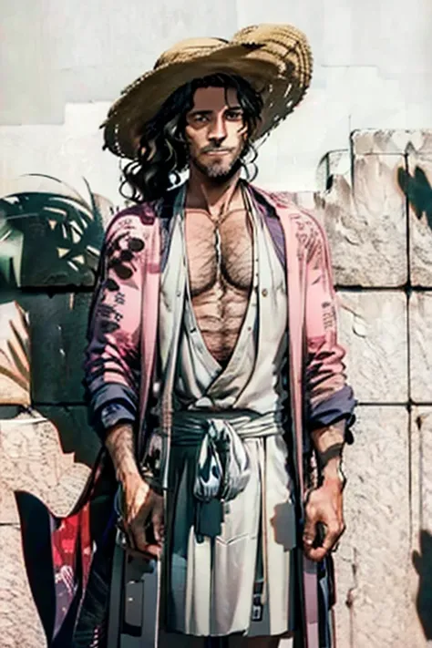 tall man with gray eyes and wavy brown hair, which he puts into a long ponytail, leaving one strand hanging down the left side of the face. He has a hairy chest, arms and legs. He wears a straw hat and pink, ladies&#39; flower embellished kimono, draped ov...