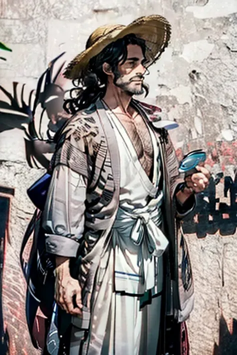 tall man with gray eyes and wavy brown hair, which he puts into a long ponytail, leaving one strand hanging down the left side of the face. He has a hairy chest, arms and legs. He wears a straw hat and pink, ladies&#39; flower embellished kimono, draped ov...