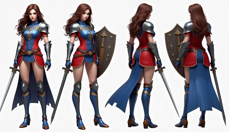 Create a photorealistic female woman real character in her 20s with long large brown hair, blue and red tunic armor, a blue miniskirt and long back skirt tail, with a long sword and shield, who has a leather belt. with a small buckle, multiple views turnar...