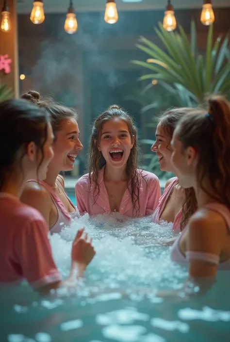 A group of 14yo Generation Z age girls in soggy tattered pajamas are having a pajama party in a hot tub.