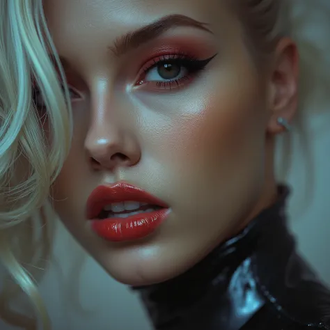 Close up of face, deep red lips, lip gloss, shiny lips, eyeliner flicks, thick eyeliner, latex outfit