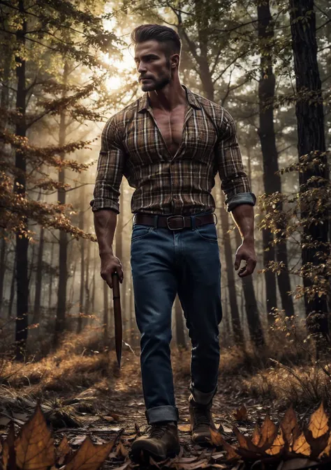 ultrarealistic ,cinematic shot ,  very handsome woodcutter male in plaid shirt , unbuttoned shirt , abs , hairy chest  ,broad shoulders ,  blue jeans , belt , brown side hair ,side shaved, stubble, muscled((2.0)) , with an wood chopping axe , walking in a ...