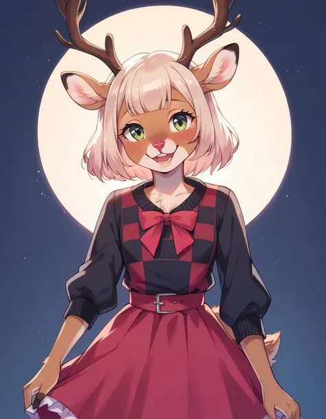 score_9, score_8_up, score_7_up, score_6_up, source_cartoon, noelle, furry female anthro, deer girl, teeth, standing, portrait, skirt, checkered sweater, solo, (body fur:1.2), (best quality), (abstract background:1.2), small breasts, dramatic lighting, (de...