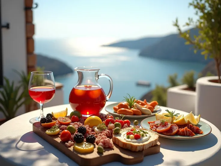 3 ️ ⇒ 5 ️ ⇒ A table with tapas and sangria on a terrace overlooking the sea.
