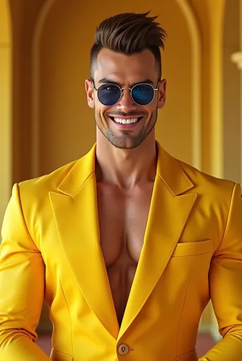 Superclose handsome man, Wearing a yellow suit, Showing off the big chest, Chapel yellow,  brown hair, undercut, Olhão Verdes ,  smile, dark blue glasses. strong, . 