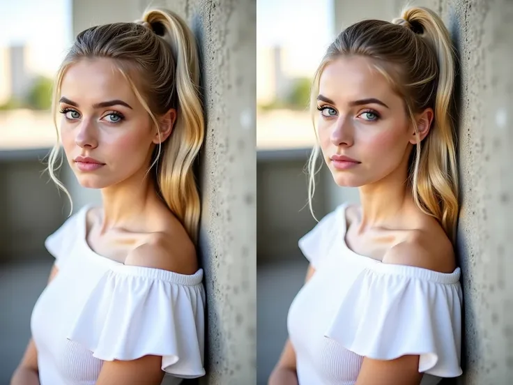 The image is a portrait of a young woman with long blonde hair tied up in a high ponytail. She is leaning against a concrete wall with her left hand on her hip and her right hand resting on the wall. The woman is wearing a white top with ruffled sleeves an...