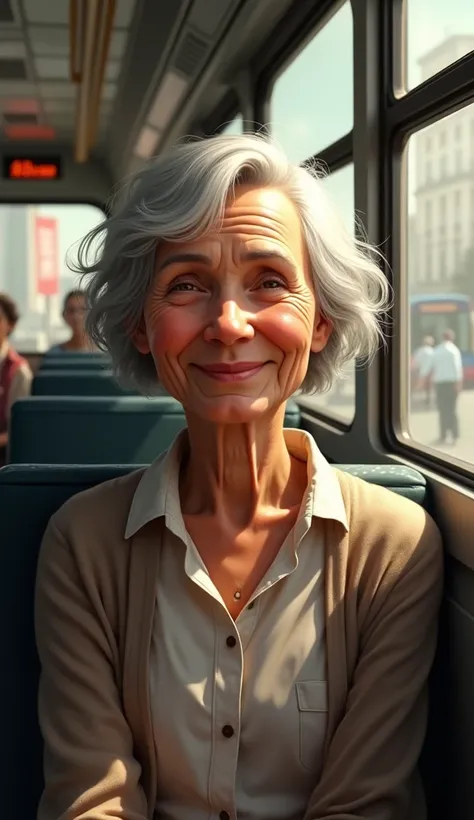 An old woman named Sofia with a smile sitting on a bus.
