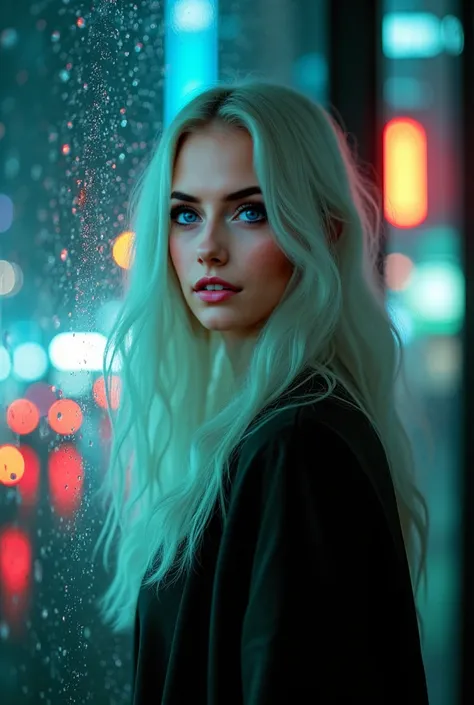 A beautiful Instagram model with long white hair and green eyes photographed through a rain-speckled window. Her figure is slightly blurred, while droplets on the glass reflect the neon city lights behind her, creating a mysterious and cinematic effect.