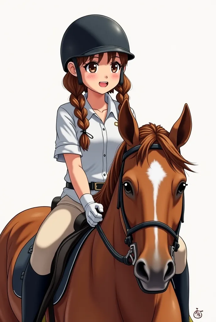 Draw me a realistic girl riding a horse, let her hair be braided on both sides, Have a black helmet on your head and that girl's gloves white.  Look to the right, smile, and let the horse's color be brown, a white line on her head 