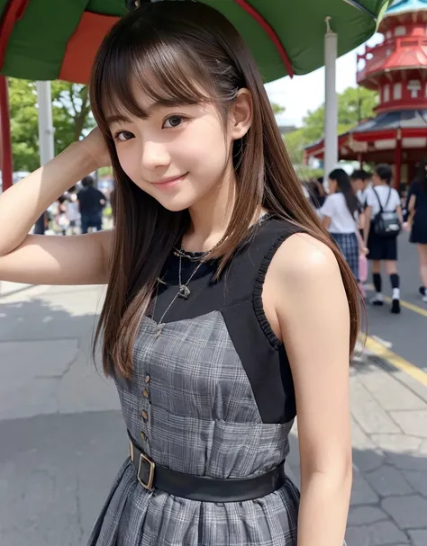  柔らかく温かい雰囲気のとても可愛らしい female middle school student、The most beautiful girl in Japan,　 Best Smile、Sleeveless Gothic Lolita Mini Dress 、 female middle school student, Summer vacation, Amusement Park，one girl,  break,  Very realistic skin texture、's greatest m...