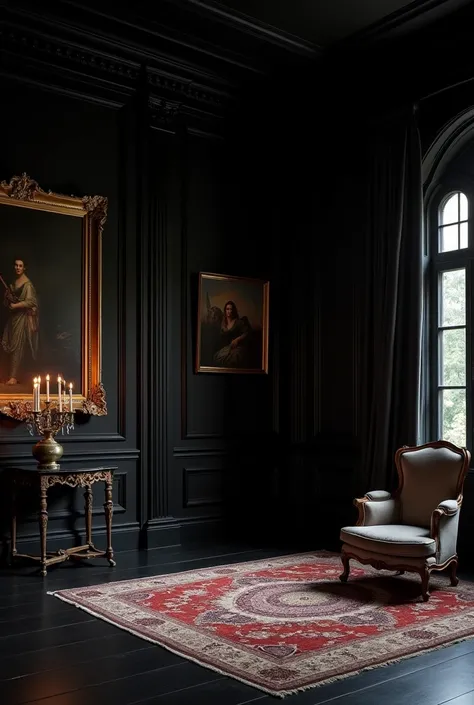 A stage,  the corner of a gothic room with shades of black, with some paintings with golden frames on the walls,  a small coffee table with a chandelier on top,  in the back of the room some dark-colored curtains and an antique Louis XV-style armchair in d...