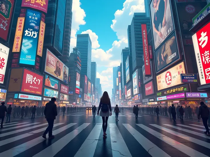  3 ️ 7 ️ ISTER A traveler crossing Shibuya Crossing, surrounded by bright screens and crowds .
