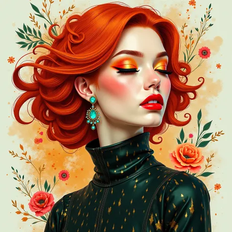 a stunning, highly stylized digital artwork that blends elements of surrealism, fantasy, and fashion illustration. It features a striking woman with flowing, fiery red and orange hair that cascades in elegant curls, adorned with intricate swirling patterns...