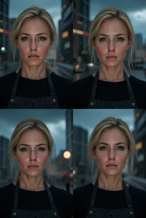  4 faces of the same blonde Brazilian woman,  blue eyes, black apron,  in the background of a dark city , With rain and smoke  