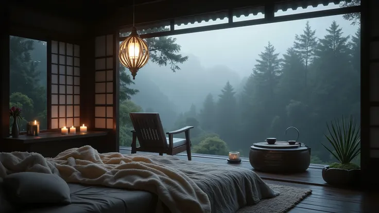 Cozy and cool, inviting bedroom in a  asian style cabin - like setting offering a serene view of a misty forest with towering pine trees. A large bed, fury blanket and pillows, fury rug. A brown soft old armchair. The flooring is dark polished wood, A rug ...