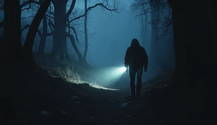 A realistic depiction of a young man in his mid-20s, cautiously trekking through a dark, gnarled forest at night, holding a dim flashlight. His face is tense, his breath visible in the cold October air. The towering trees twist unnaturally, their branches ...