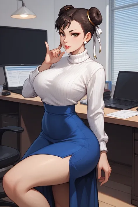 Make Chun Li busty  (88cm bust ,waist: 58 cm,  Hips: 90 cm.) but in office attire, Long skirt up to your knees, sweater, lentes,  hair tied. Posing at an office copier