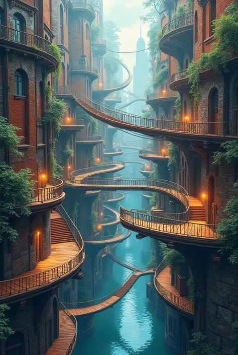 Create a city of endless, intertwining pathways—where bridges, tunnels, and canals form a vast labyrinth. There is no single direct route; every road bends, overlaps, or disappears. The city is vibrant, layered, and constantly shifting, as if built on a ne...