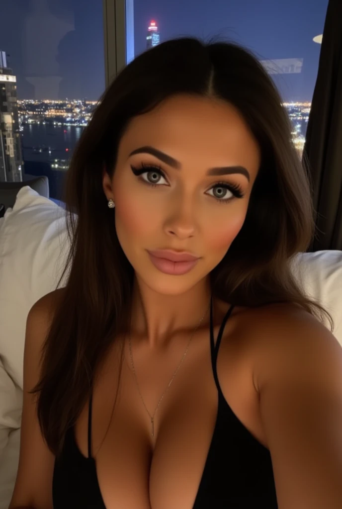 brunette supermodel taking cute selfie in nyc penthouse with night city view, big luxurious bed, long straight hair, full soft lips, foxy blue eyes, long eyelashes, perfect and skinny face, high cheekbones, flawless soft tanned skin, small diamond earrings...